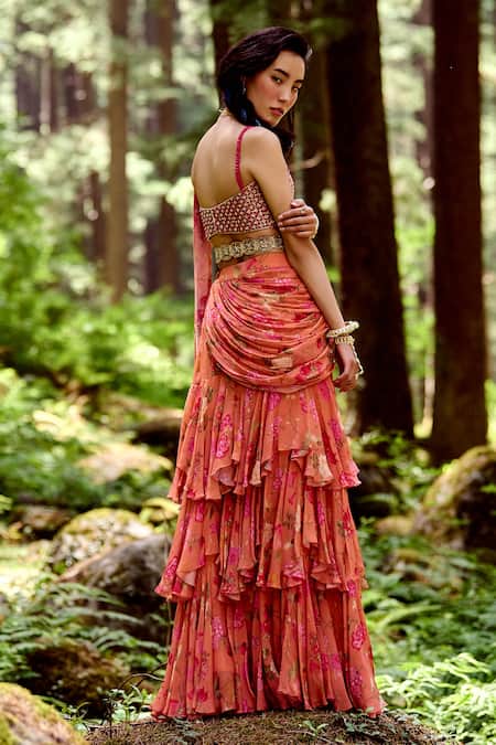 Shop_Paulmi And Harsh_Orange Georgette And Organza Sequins, Cutdana & Pre-draped Saree With Blouse_Online_at_Aza_Fashions