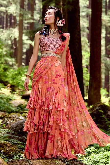 Orange Color Trendy Georgette Floral Print Women's Gown