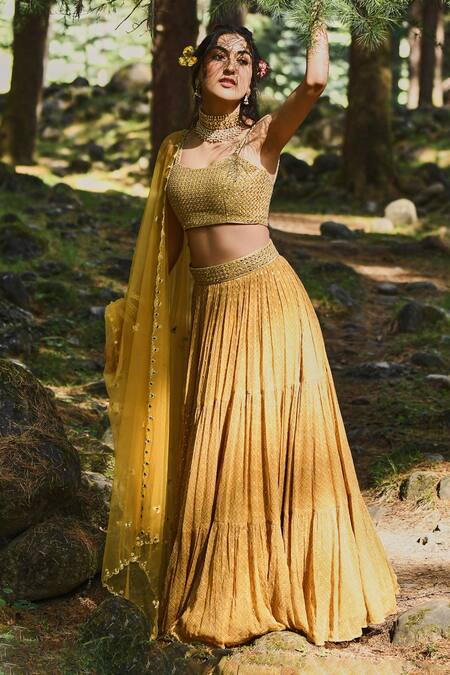 Paulmi And Harsh Yellow Chiffon, Crepe And Net Mirror, Resham, Sequin, Flame Layered Lehenga Set Online at Aza Fashions Paulmi And Harsh_Yellow Chiffon, Crepe And Net Mirror, Resham, Sequin, Flame Layered Lehenga Set_Online_at_Aza_Fashions