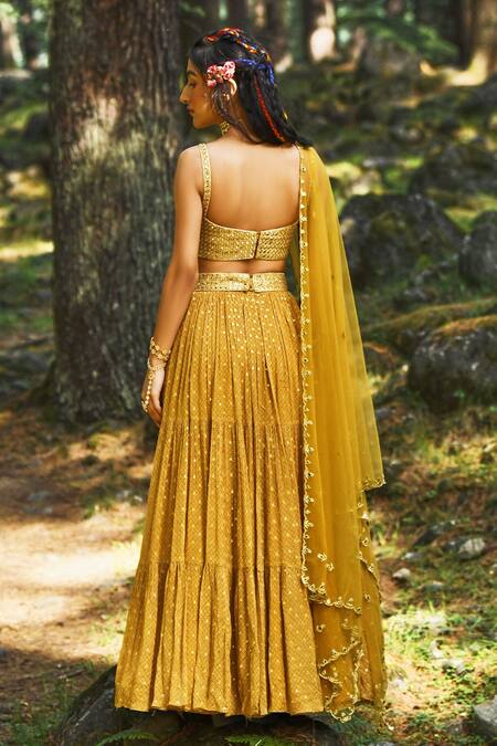 Shop Paulmi And Harsh Yellow Chiffon, Crepe And Net Mirror, Resham, Sequin, Flame Layered Lehenga Set at Aza Fashions Shop_Paulmi And Harsh_Yellow Chiffon, Crepe And Net Mirror, Resham, Sequin, Flame Layered Lehenga Set_at_Aza_Fashions