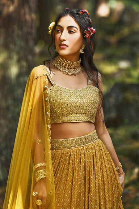 Buy Paulmi And Harsh Yellow Chiffon, Crepe And Net Mirror, Resham, Sequin, Flame Layered Lehenga Set Online at Aza Fashions Buy_Paulmi And Harsh_Yellow Chiffon, Crepe And Net Mirror, Resham, Sequin, Flame Layered Lehenga Set_Online_at_Aza_Fashions