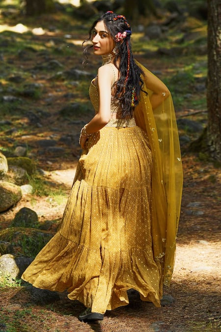 Shop Paulmi And Harsh Yellow Chiffon, Crepe And Net Mirror, Resham, Sequin, Flame Layered Lehenga Set Online at Aza Fashions Shop_Paulmi And Harsh_Yellow Chiffon, Crepe And Net Mirror, Resham, Sequin, Flame Layered Lehenga Set_Online_at_Aza_Fashions