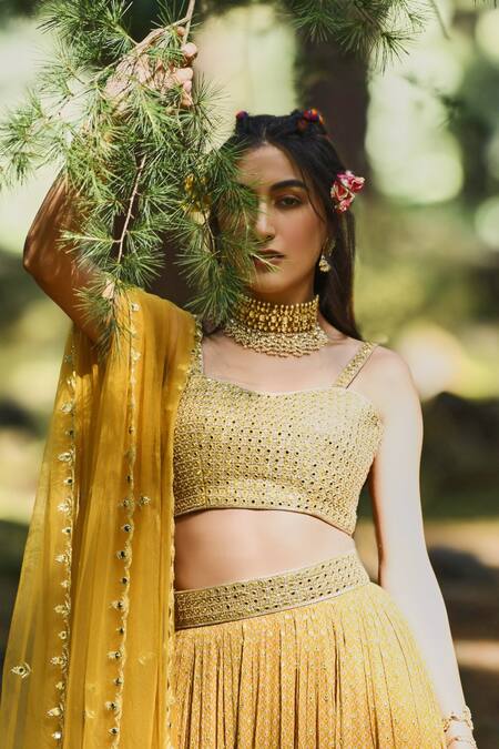 Paulmi And Harsh Yellow Chiffon, Crepe And Net Mirror, Resham, Sequin, Flame Layered Lehenga Set at Aza Fashions Paulmi And Harsh_Yellow Chiffon, Crepe And Net Mirror, Resham, Sequin, Flame Layered Lehenga Set_at_Aza_Fashions
