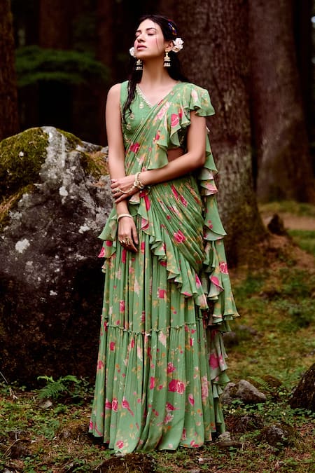 Paulmi and Harsh Green Georgette And Crepe Print & Pre-draped Saree With Blouse  