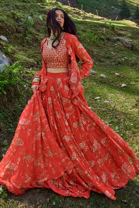 Paulmi And Harsh Red Georgette And Crepe Cutdana, Floral Print, Sequin, Dabka & Jacket Lehenga Set Online at Aza Fashions Paulmi And Harsh_Red Georgette And Crepe Cutdana, Floral Print, Sequin, Dabka & Jacket Lehenga Set_Online_at_Aza_Fashions