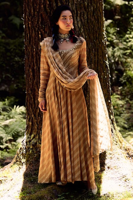 Buy_Paulmi And Harsh_Beige Cotton Silk And Georgette Cutdana, Mirror, Dabka, Anarkali With Dupatta _Online_at_Aza_Fashions