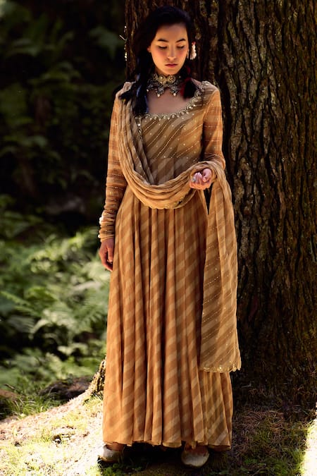 Shop_Paulmi And Harsh_Beige Cotton Silk And Georgette Cutdana, Mirror, Dabka, Anarkali With Dupatta _Online_at_Aza_Fashions