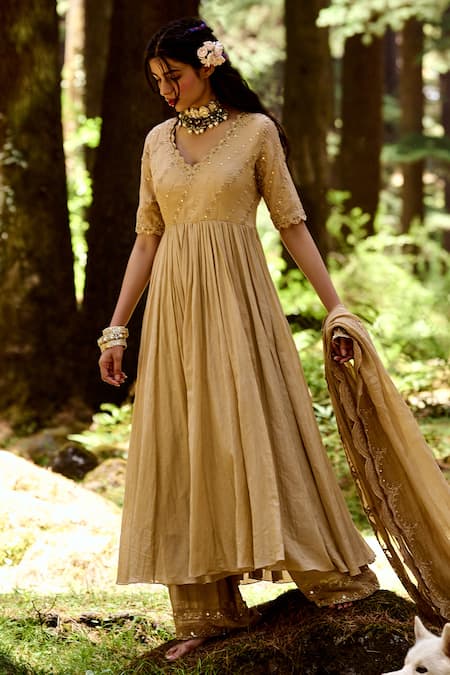 Paulmi And Harsh Beige Cotton Silk Mirror, Zari And Sequin V Neck Anarkali Set Online at Aza Fashions Paulmi And Harsh_Beige Cotton Silk Mirror, Zari And Sequin V Neck Anarkali Set _Online_at_Aza_Fashions