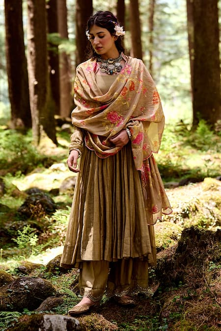 Paulmi And Harsh_Beige Cotton Silk And Malai Chanderi Anar Print & Anarkali Set With Dupatta _Online_at_Aza_Fashions