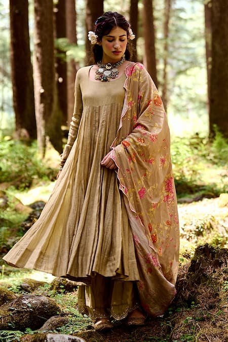 Buy_Paulmi And Harsh_Beige Cotton Silk And Malai Chanderi Anar Print & Anarkali Set With Dupatta _Online_at_Aza_Fashions