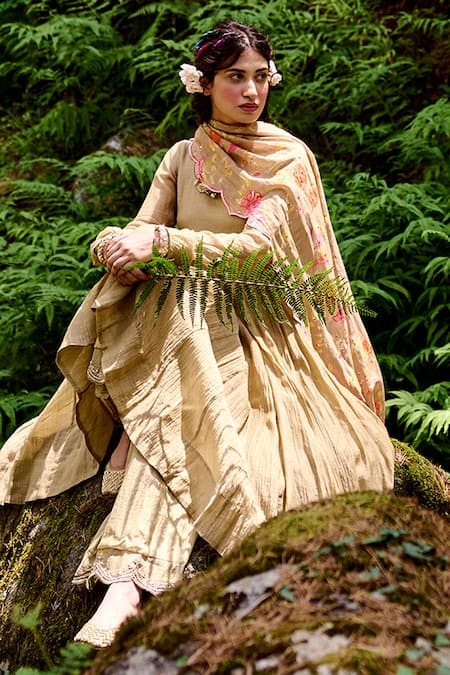 Shop_Paulmi And Harsh_Beige Cotton Silk And Malai Chanderi Anar Print & Anarkali Set With Dupatta _Online_at_Aza_Fashions