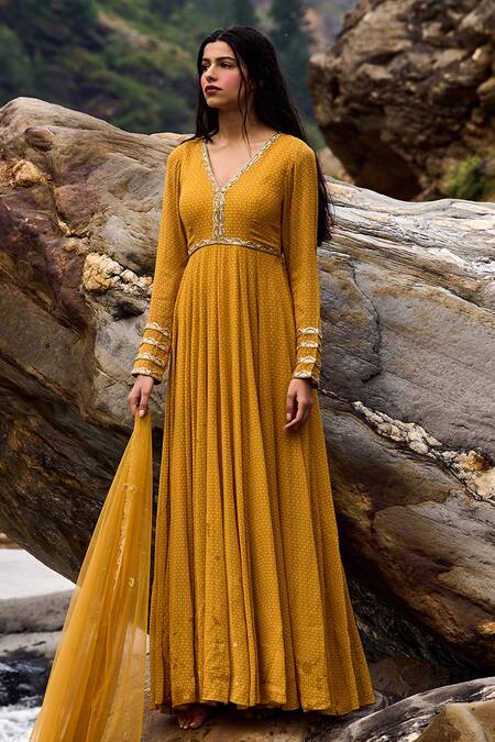 Shop Paulmi And Harsh Yellow Georgette And Net Cutdana, Geometric Print, Dabka & Anarkali With Dupatta Online at Aza Fashions Shop_Paulmi And Harsh_Yellow Georgette And Net Cutdana, Geometric Print, Dabka & Anarkali With Dupatta_Online_at_Aza_Fashions