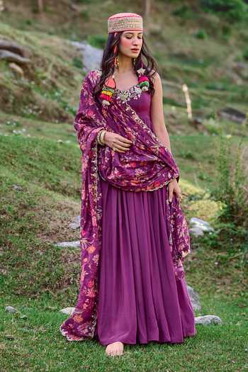 Paulmi And Harsh_Purple Crepe And Chanderi Floral Print, Mirror, Moti & Anarkali With Dupatta _Online_at_Aza_Fashions