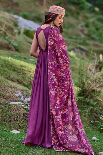 Buy_Paulmi And Harsh_Purple Crepe And Chanderi Floral Print, Mirror, Moti & Anarkali With Dupatta _Online_at_Aza_Fashions