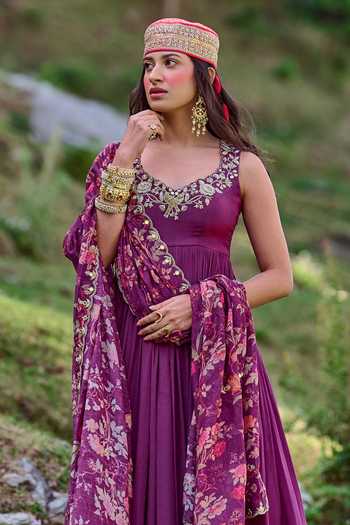 Shop_Paulmi And Harsh_Purple Crepe And Chanderi Floral Print, Mirror, Moti & Anarkali With Dupatta _Online_at_Aza_Fashions