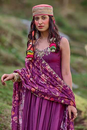 Paulmi And Harsh_Purple Crepe And Chanderi Floral Print, Mirror, Moti & Anarkali With Dupatta _at_Aza_Fashions