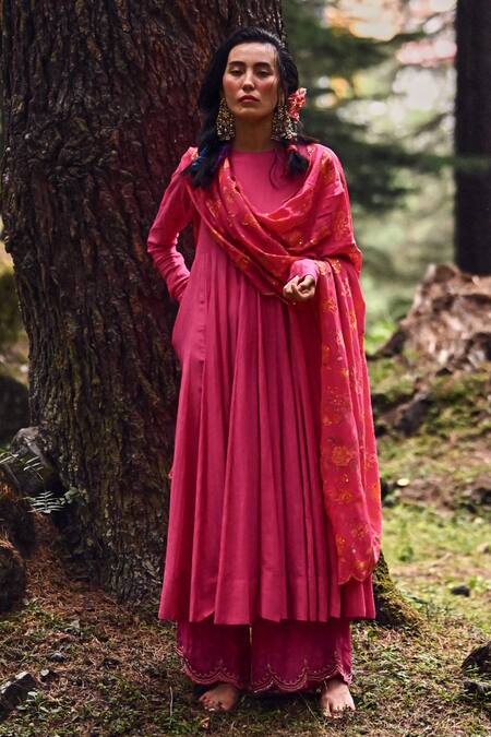 Paulmi And Harsh Pink Cotton Silk Floral Print And Sequin Round Anarkali Palazzo Set Online at Aza Fashions Paulmi And Harsh_Pink Cotton Silk Floral Print And Sequin Round Anarkali Palazzo Set _Online_at_Aza_Fashions