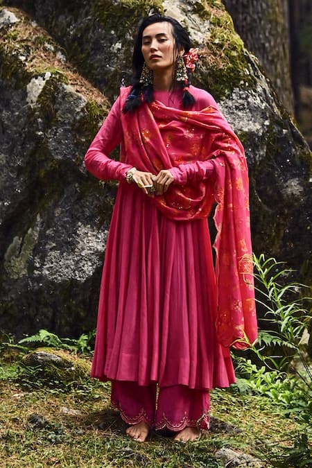 Buy Paulmi And Harsh Pink Cotton Silk Floral Print And Sequin Round Anarkali Palazzo Set Online at Aza Fashions Buy_Paulmi And Harsh_Pink Cotton Silk Floral Print And Sequin Round Anarkali Palazzo Set _Online_at_Aza_Fashions