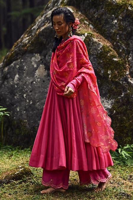 Shop Paulmi And Harsh Pink Cotton Silk Floral Print And Sequin Round Anarkali Palazzo Set Online at Aza Fashions Shop_Paulmi And Harsh_Pink Cotton Silk Floral Print And Sequin Round Anarkali Palazzo Set _Online_at_Aza_Fashions