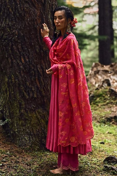 Paulmi And Harsh Pink Cotton Silk Floral Print And Sequin Round Anarkali Palazzo Set at Aza Fashions Paulmi And Harsh_Pink Cotton Silk Floral Print And Sequin Round Anarkali Palazzo Set _at_Aza_Fashions