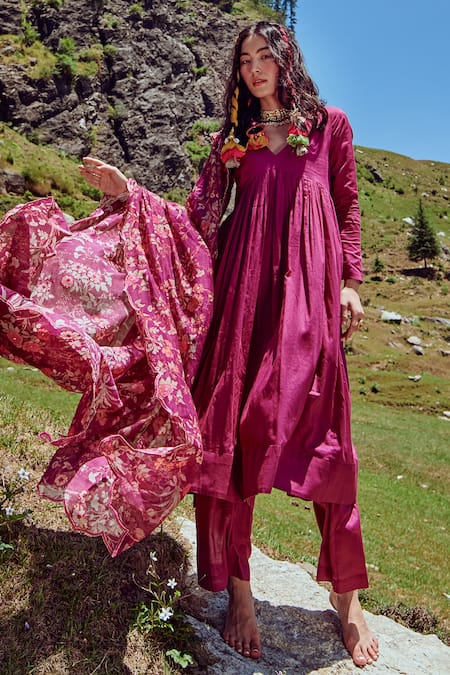 Paulmi And Harsh Purple Cotton Mul And Malai Chanderi Floral Print, Anarkali Set With Dupatta Online at Aza Fashions Paulmi And Harsh_Purple Cotton Mul And Malai Chanderi Floral Print, Anarkali Set With Dupatta _Online_at_Aza_Fashions