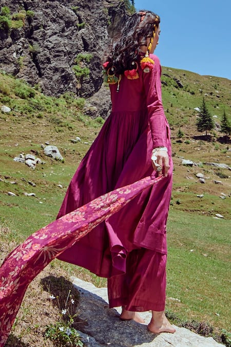 Paulmi And Harsh Purple Cotton Mul And Malai Chanderi Floral Print, Anarkali Set With Dupatta at Aza Fashions Paulmi And Harsh_Purple Cotton Mul And Malai Chanderi Floral Print, Anarkali Set With Dupatta _at_Aza_Fashions
