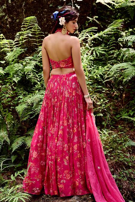 Shop Paulmi And Harsh Pink Organza And Tissue Dabka, Jungle Print, Moti, Sequin & Mirror Lehenga Set at Aza Fashions Shop_Paulmi And Harsh_Pink Organza And Tissue Dabka, Jungle Print, Moti, Sequin & Mirror Lehenga Set_at_Aza_Fashions