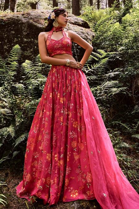 Paulmi And Harsh Pink Organza And Tissue Dabka, Jungle Print, Moti, Sequin & Mirror Lehenga Set Online at Aza Fashions Paulmi And Harsh_Pink Organza And Tissue Dabka, Jungle Print, Moti, Sequin & Mirror Lehenga Set_Online_at_Aza_Fashions