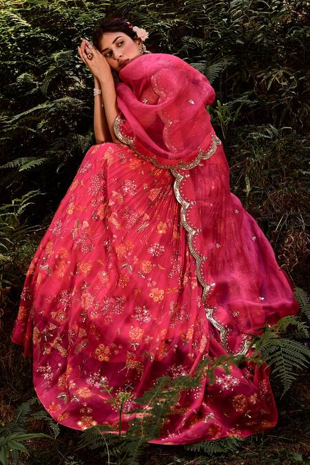 Buy Paulmi And Harsh Pink Organza And Tissue Dabka, Jungle Print, Moti, Sequin & Mirror Lehenga Set Online at Aza Fashions Buy_Paulmi And Harsh_Pink Organza And Tissue Dabka, Jungle Print, Moti, Sequin & Mirror Lehenga Set_Online_at_Aza_Fashions