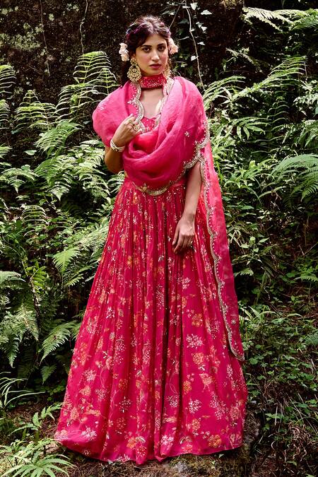 Shop Paulmi And Harsh Pink Organza And Tissue Dabka, Jungle Print, Moti, Sequin & Mirror Lehenga Set Online at Aza Fashions Shop_Paulmi And Harsh_Pink Organza And Tissue Dabka, Jungle Print, Moti, Sequin & Mirror Lehenga Set_Online_at_Aza_Fashions
