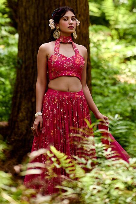 Paulmi And Harsh Pink Organza And Tissue Dabka, Jungle Print, Moti, Sequin & Mirror Lehenga Set at Aza Fashions Paulmi And Harsh_Pink Organza And Tissue Dabka, Jungle Print, Moti, Sequin & Mirror Lehenga Set_at_Aza_Fashions