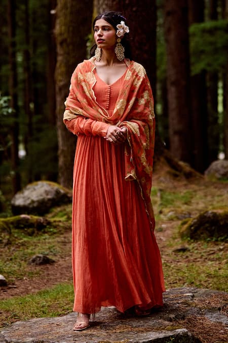 Paulmi And Harsh_Orange Malai Chanderi Rose Print And Mirror V Neck Anarkali With Dupatta _Online_at_Aza_Fashions