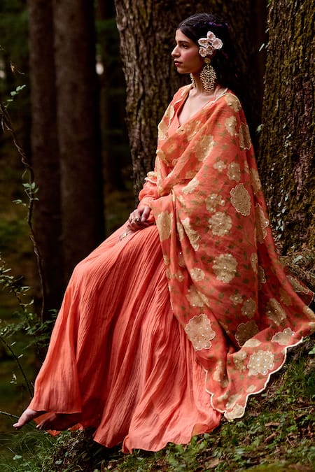 Shop_Paulmi And Harsh_Orange Malai Chanderi Rose Print And Mirror V Neck Anarkali With Dupatta _Online_at_Aza_Fashions