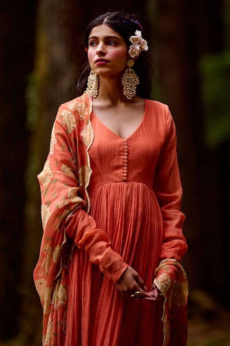 Paulmi And Harsh_Orange Malai Chanderi Rose Print And Mirror V Neck Anarkali With Dupatta _at_Aza_Fashions