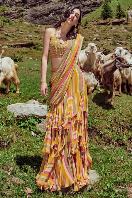 Buy_Paulmi And Harsh_Multi Color Georgette And Crepe Mirror, Sequin & Pre-draped Saree With Blouse_Online_at_Aza_Fashions