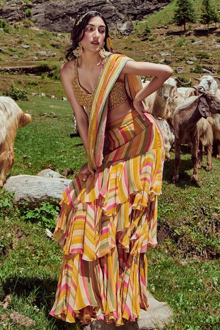 Shop_Paulmi And Harsh_Multi Color Georgette And Crepe Mirror, Sequin & Pre-draped Saree With Blouse_Online_at_Aza_Fashions