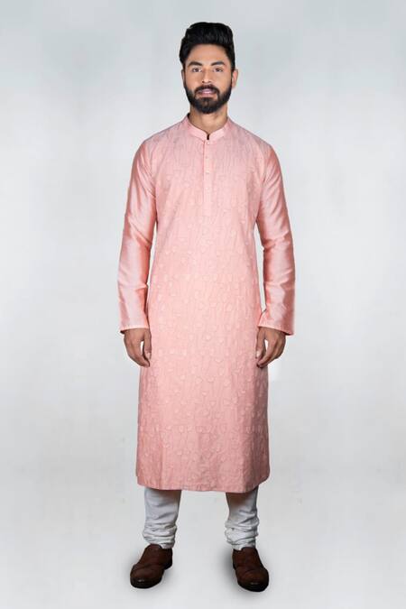 Priyanka Haralalka Pink Banaras Cotton Silk Blend Floral, Katha Work Hand Embroidered Kurta Set Online at Aza Fashions Priyanka Haralalka_Pink Banaras Cotton Silk Blend Floral, Katha Work Hand Embroidered Kurta Set _Online_at_Aza_Fashions