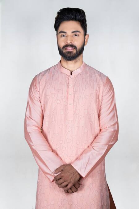 Buy Priyanka Haralalka Pink Banaras Cotton Silk Blend Floral, Katha Work Hand Embroidered Kurta Set Online at Aza Fashions Buy_Priyanka Haralalka_Pink Banaras Cotton Silk Blend Floral, Katha Work Hand Embroidered Kurta Set _Online_at_Aza_Fashions