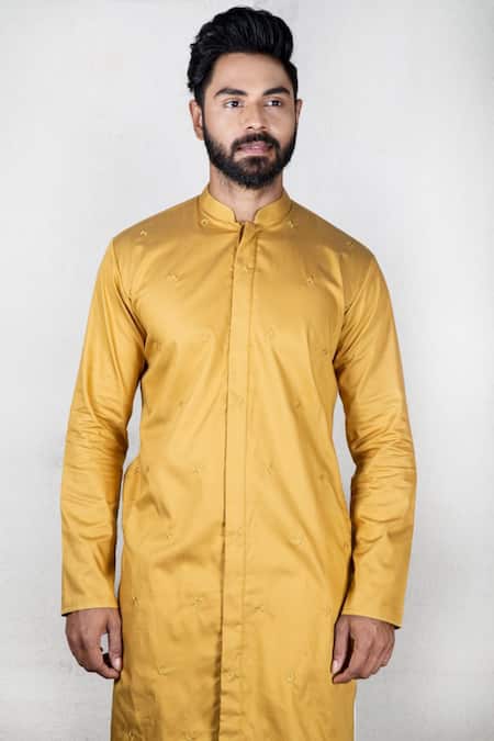 Buy Priyanka Haralalka Yellow Giza Cotton Geometric Motifs Embroidered Kurta Set With Jacket Online at Aza Fashions Buy_Priyanka Haralalka_Yellow Giza Cotton Geometric Motifs Embroidered Kurta Set With Jacket _Online_at_Aza_Fashions