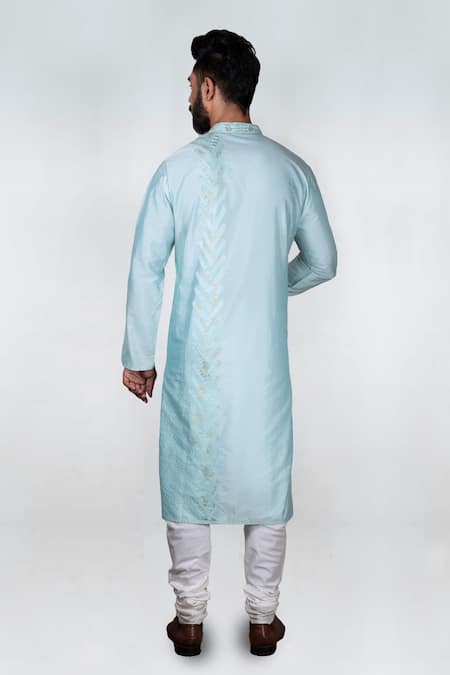 Shop Priyanka Haralalka Blue Banaras Cotton Silk Blend Applique, Threadwork Embroidered Kurta Set at Aza Fashions Shop_Priyanka Haralalka_Blue Banaras Cotton Silk Blend Applique, Threadwork Embroidered Kurta Set _at_Aza_Fashions