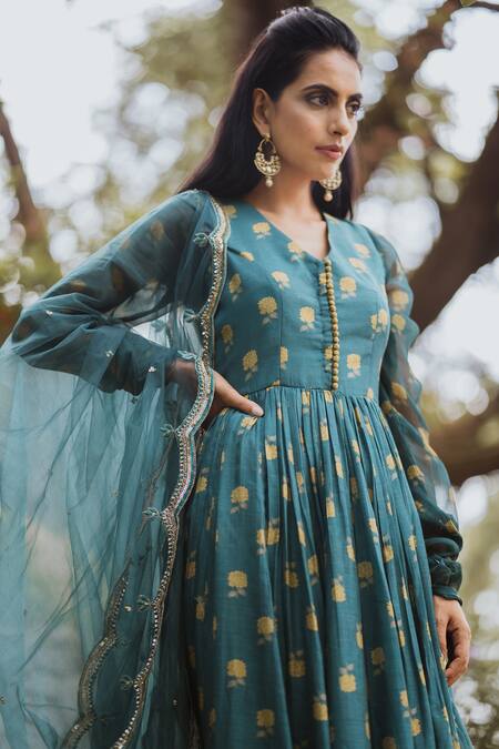Paulmi And Harsh_Blue Cotton Silk Printed Anarkali With Dupatta_Online_at_Aza_Fashions