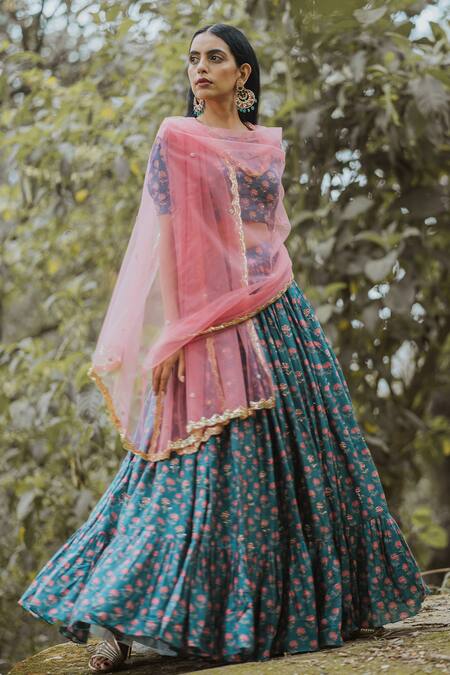 Buy_Paulmi And Harsh_Blue Cotton Silk Embroidered Lehenga Set_Online_at_Aza_Fashions