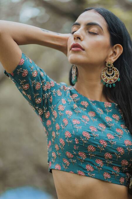 Paulmi And Harsh_Blue Cotton Silk Embroidered Lehenga Set_at_Aza_Fashions