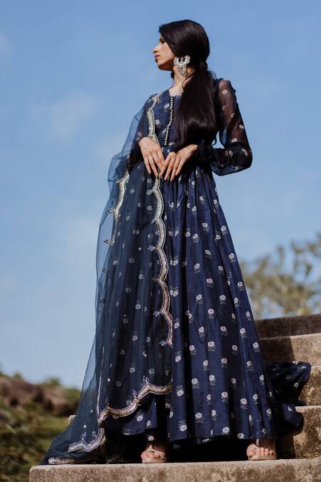 Paulmi and Harsh Blue Cotton Silk Printed Anarkali With Dupatta