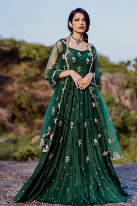 Paulmi and Harsh Green Cotton Silk Embroidered Anarkali With Dupatta