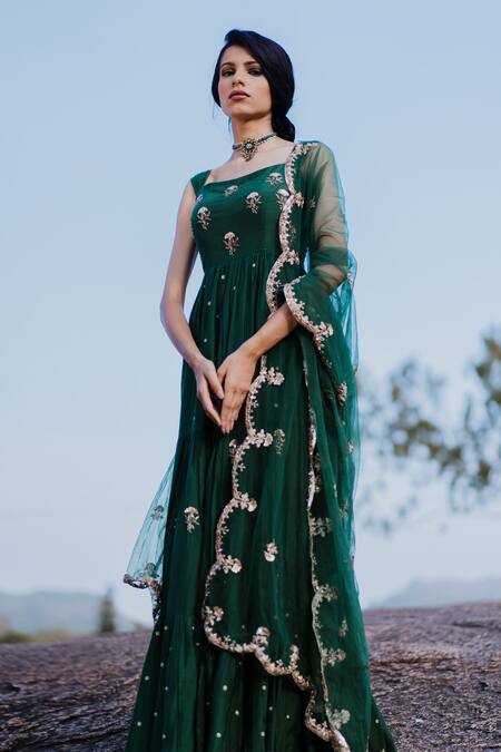 Shop_Paulmi And Harsh_Green Cotton Silk Embroidered Anarkali With Dupatta_at_Aza_Fashions