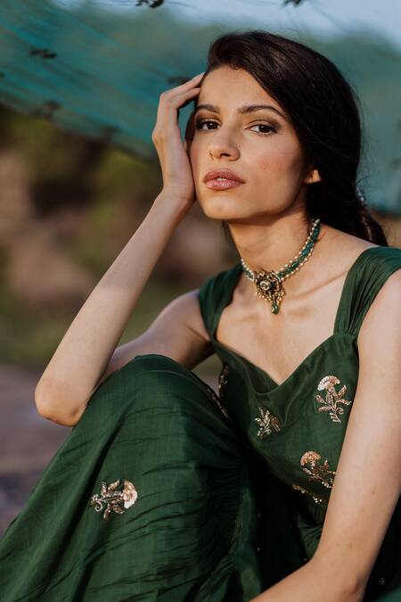 Paulmi And Harsh_Green Cotton Silk Embroidered Anarkali With Dupatta_Online_at_Aza_Fashions