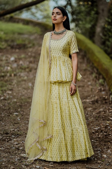 Shop_Paulmi and Harsh_Yellow Cotton Silk Printed Lehenga Set_at_Aza_Fashions