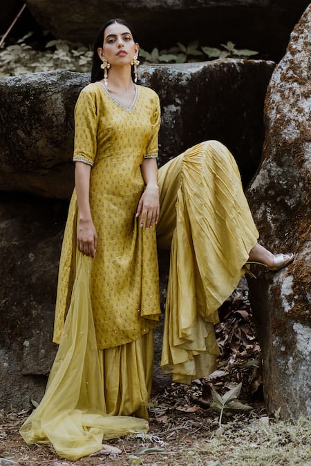 Paulmi and Harsh Yellow Cotton Silk Printed Kurta And Sharara Set