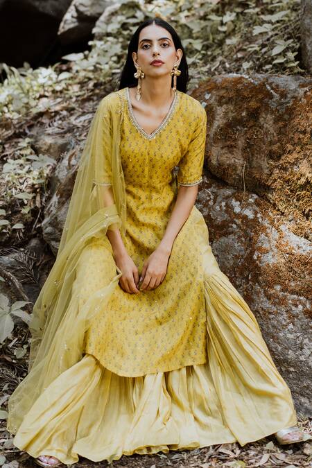 Paulmi And Harsh_Yellow Cotton Silk Printed Kurta And Sharara Set_Online_at_Aza_Fashions